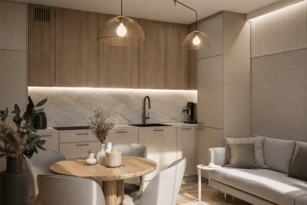 Projekt eleganckiego wnętrza salonu z kuchnią wykonany przez In Design Home