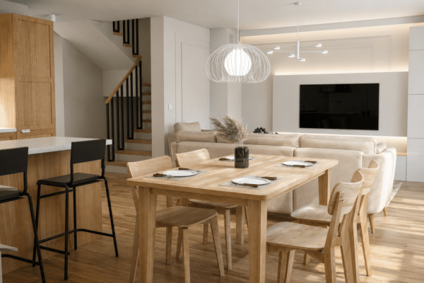 Projekt eleganckiego wnętrza salonu z kuchnią wykonany przez In Design Home