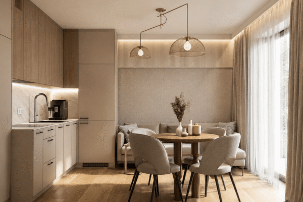 Projekt eleganckiego wnętrza salonu z kuchnią wykonany przez In Design Home