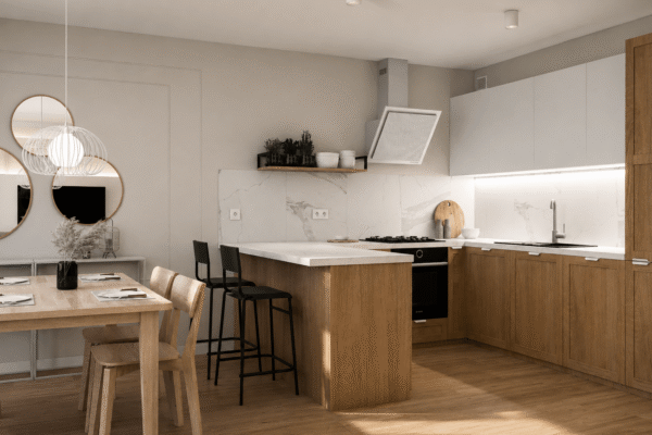 Projekt eleganckiego wnętrza salonu z kuchnią wykonany przez In Design Home