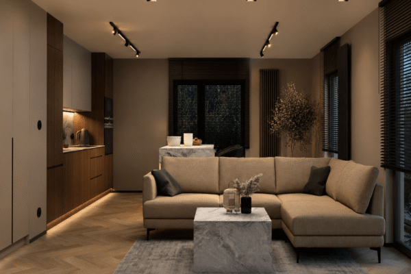 Projekt eleganckiego wnętrza salonu z kuchnią wykonany przez In Design Home
