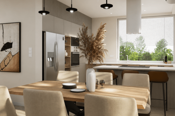 Projekt eleganckiego wnętrza salonu z kuchnią wykonany przez In Design Home