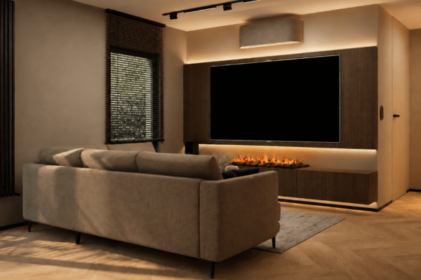 Projekt eleganckiego wnętrza salonu z kuchnią wykonany przez In Design Home