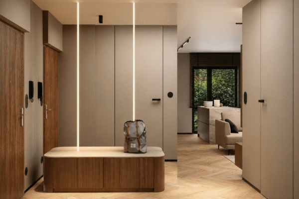 Projekt eleganckiego wnętrza salonu z kuchnią wykonany przez In Design Home