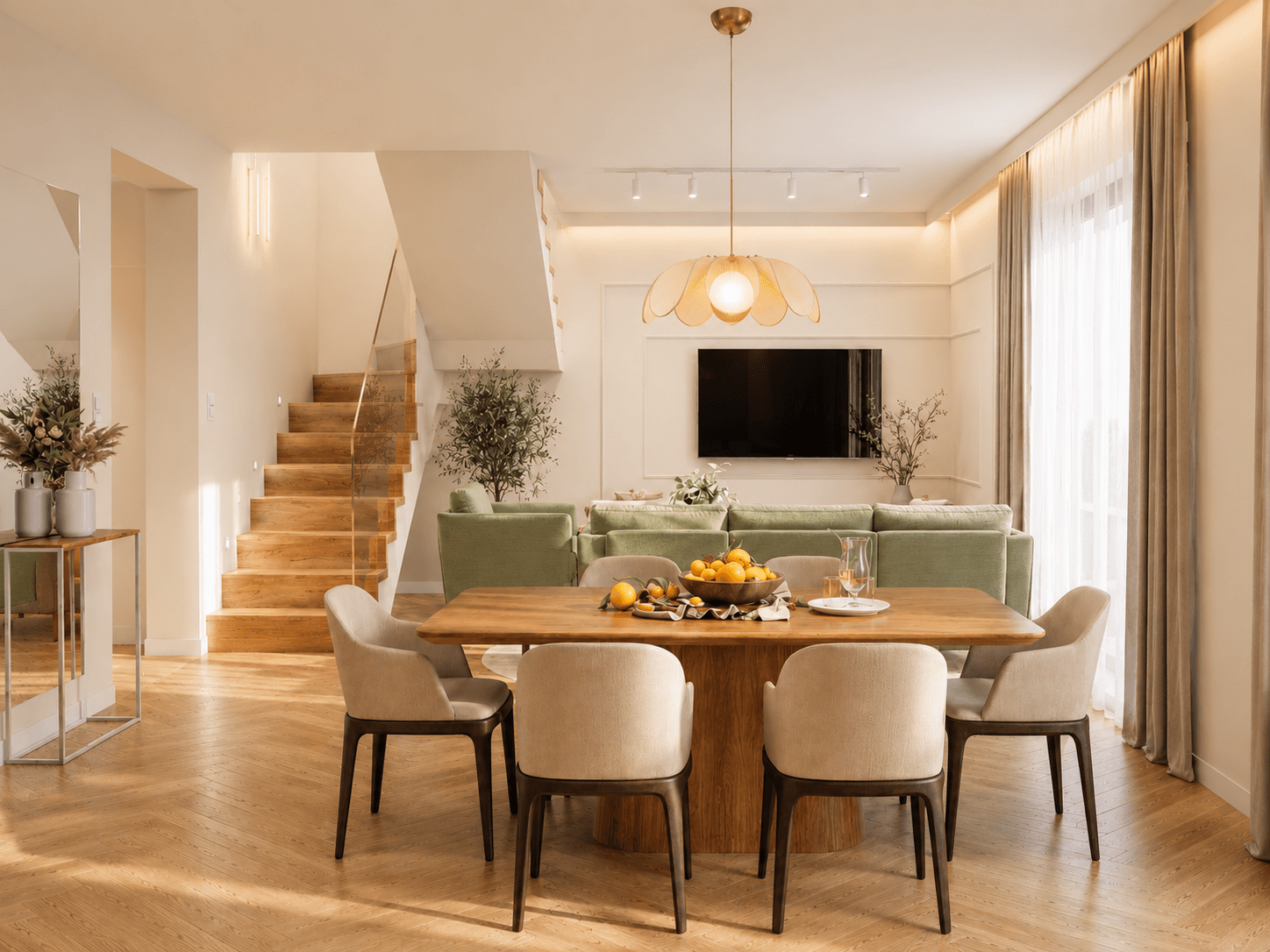 Projekt eleganckiego wnętrza salonu z kuchnią wykonany przez In Design Home