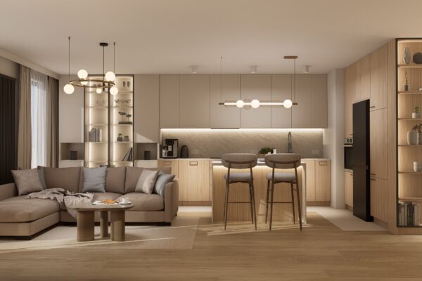 Projekt eleganckiego wnętrza salonu z kuchnią wykonany przez In Design Home
