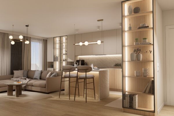 Projekt eleganckiego wnętrza salonu z kuchnią wykonany przez In Design Home