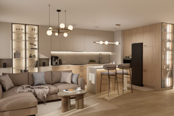 Projekt eleganckiego wnętrza salonu z kuchnią wykonany przez In Design Home
