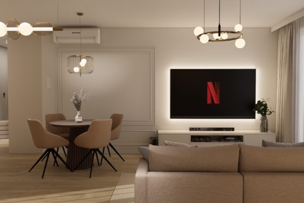 Projekt eleganckiego wnętrza salonu z kuchnią wykonany przez In Design Home