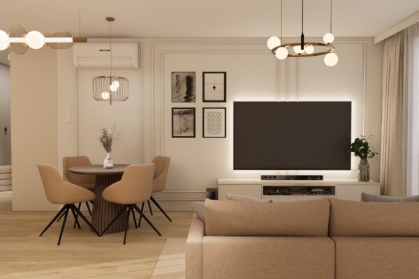 Projekt eleganckiego wnętrza salonu z kuchnią wykonany przez In Design Home