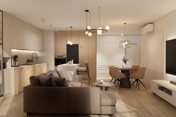 Projekt eleganckiego wnętrza salonu z kuchnią wykonany przez In Design Home