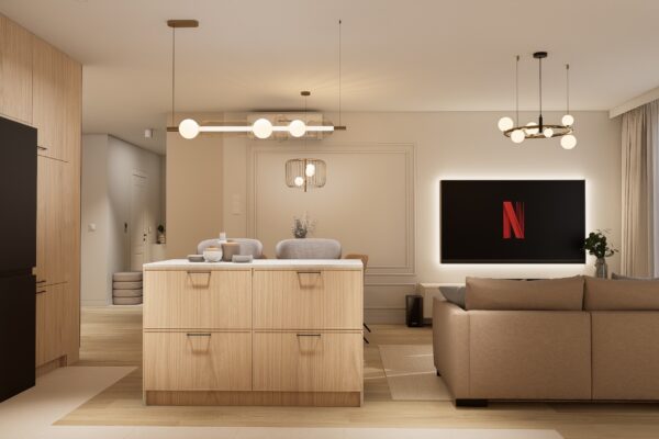 Projekt eleganckiego wnętrza salonu z kuchnią wykonany przez In Design Home