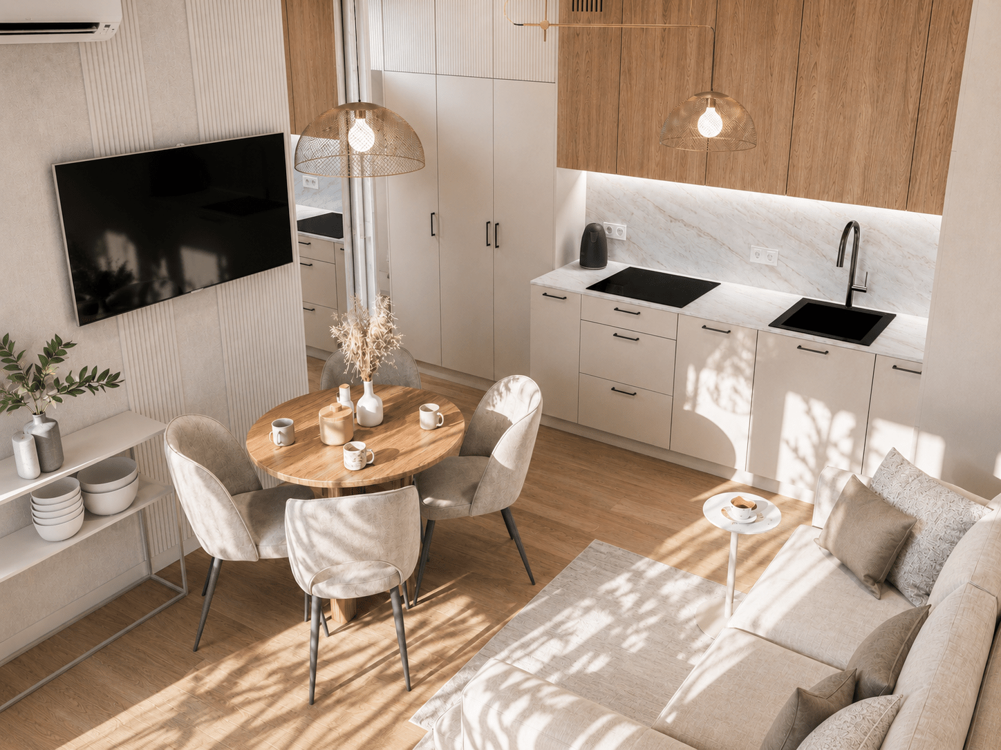 Projekt eleganckiego wnętrza salonu z kuchnią wykonany przez In Design Home