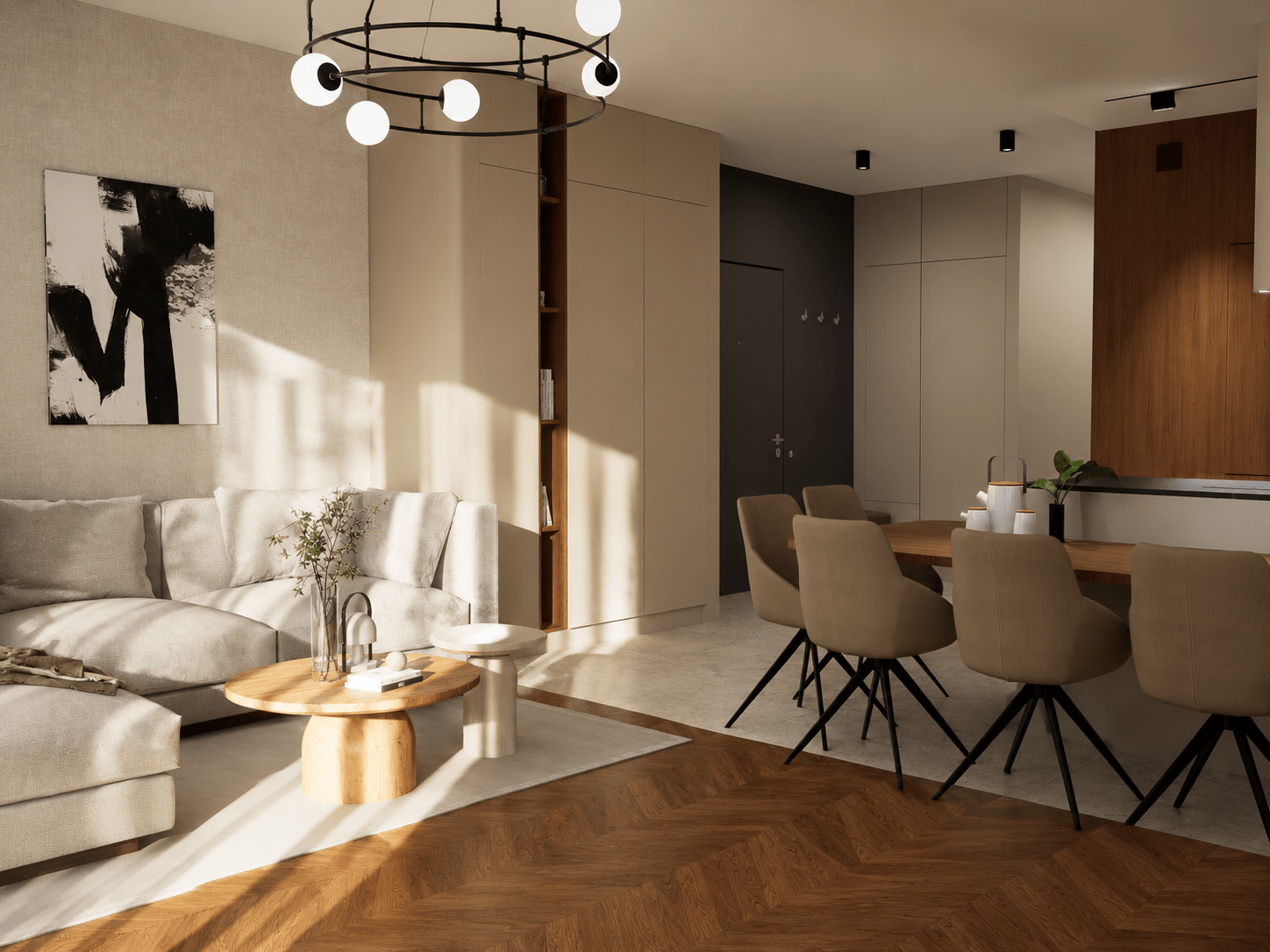 Projekt eleganckiego wnętrza salonu z kuchnią wykonany przez In Design Home